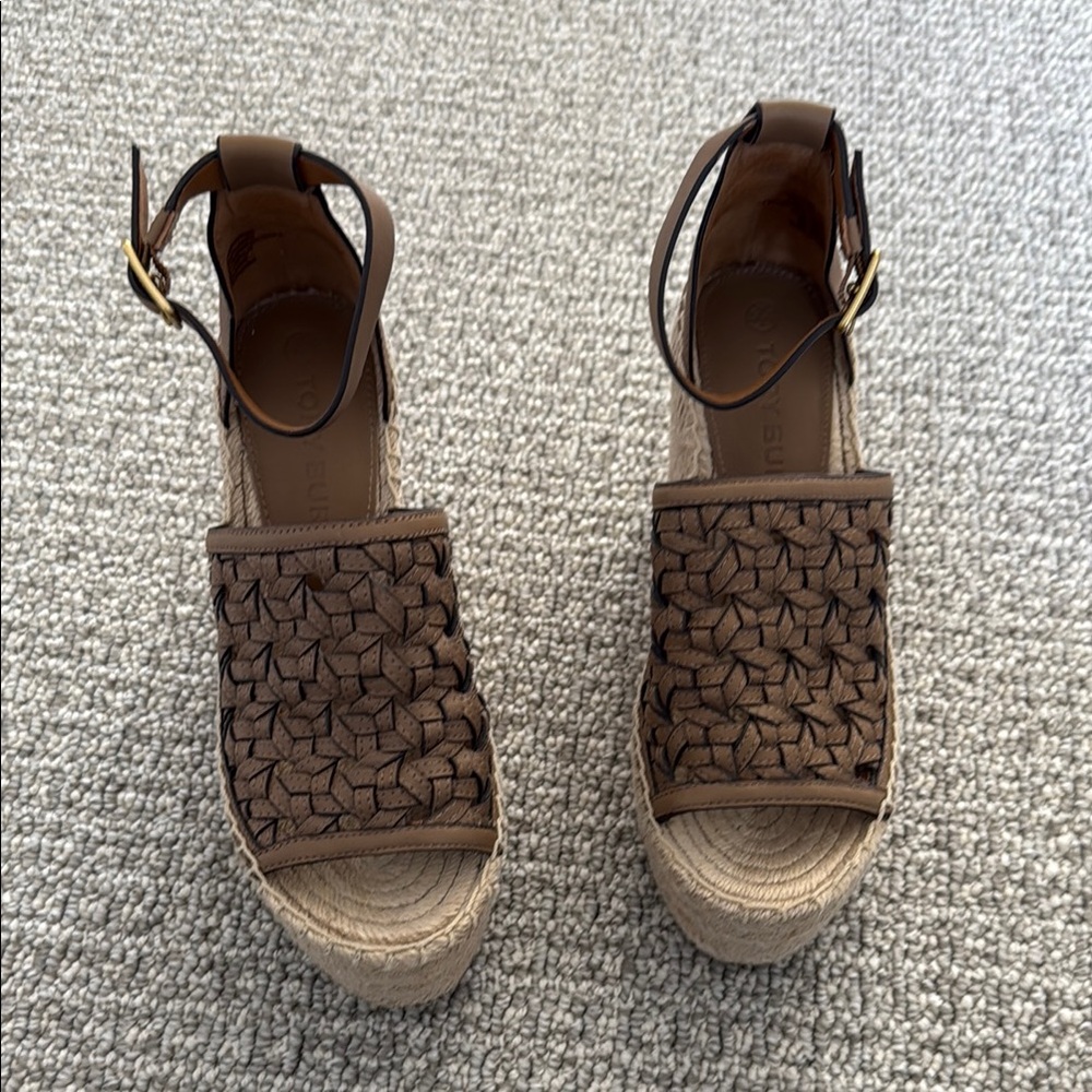 Tory Burch Wedge Espadrilles Sandals Shoes Braided Leather 5.5 Brown Tan Heels